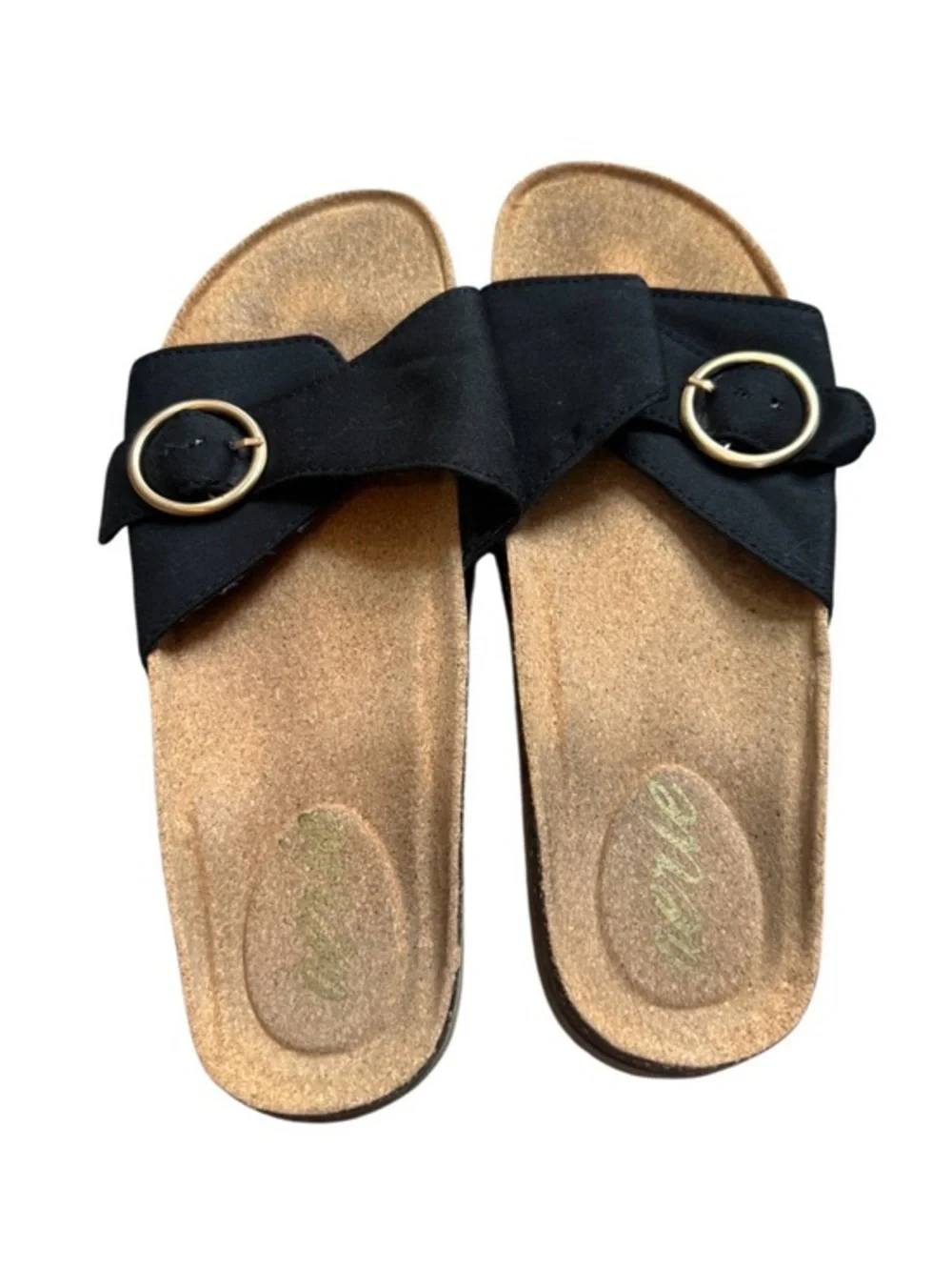 Aerie Black‎ Canvas Gold Buckle Cork Sandals Size 8 Boho Coastal Euro Summer